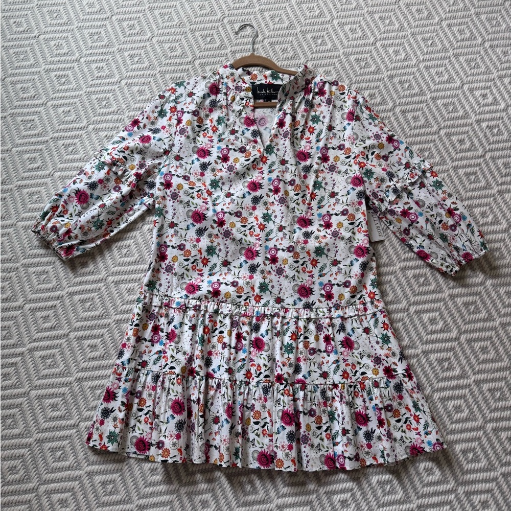 Floral Tiered Ruffle Kids Dress - White with Pink & Green